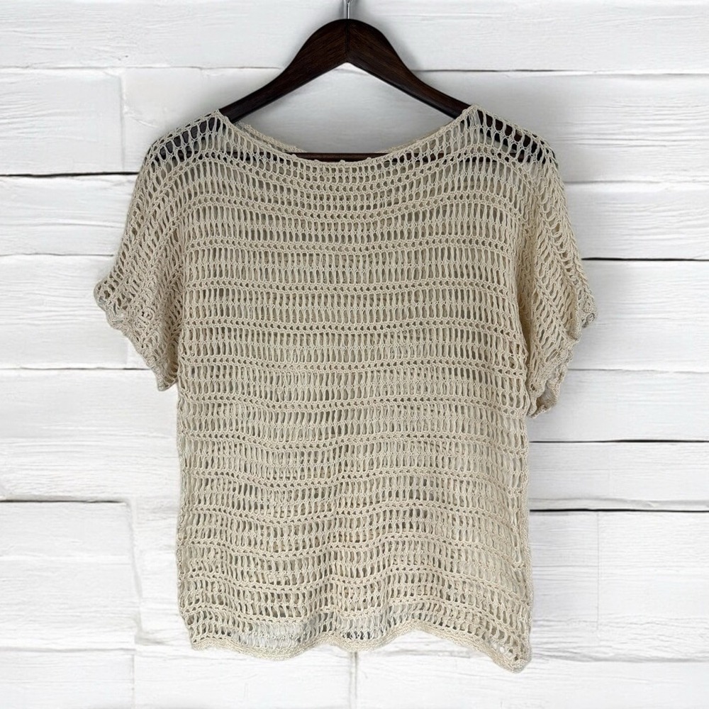 Canary Label Crochet Knit Top Womens Medium Cream Open Weave Short Sleeve Boho